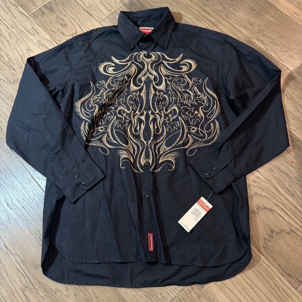 NWT VTG Tommy Hilfiger Red Label Men's L Black Gold Embroidered Button Up Shirt - Picture 1 of 12